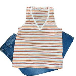 NWT Madewell White W/Blue, Peach & Red Striped Pocket V-Neck Tank